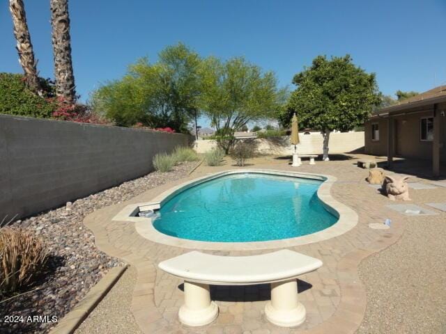 view of swimming pool featuring a fenced in pool, a patio, and a fenced backyard