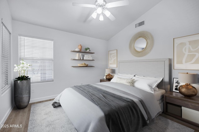 6368 W Firebird Dr, Glendale, AZ 85308 - bedroom featuring vaulted ceiling, wood finished floors, baseboards, and a ceiling fan