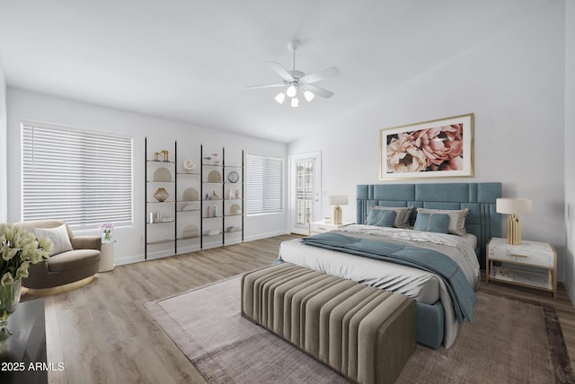 6368 W Firebird Dr, Glendale, AZ 85308 - bedroom featuring wood finished floors, vaulted ceiling, baseboards, and a ceiling fan