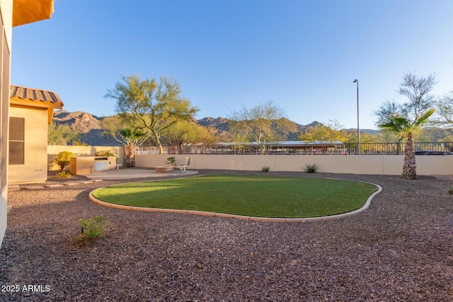 view of yard featuring a mountain view and a patio area