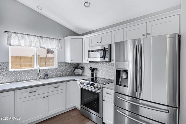20822 N 34th Dr, Phoenix, AZ 85027 - kitchen featuring appliances with stainless steel finishes, lofted ceiling, a sink, backsplash, and white cabinetry