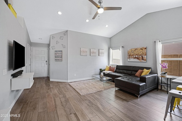 20822 N 34th Dr, Phoenix, AZ 85027 - living area featuring a ceiling fan, wood finished floors, baseboards, high vaulted ceiling, and recessed lighting