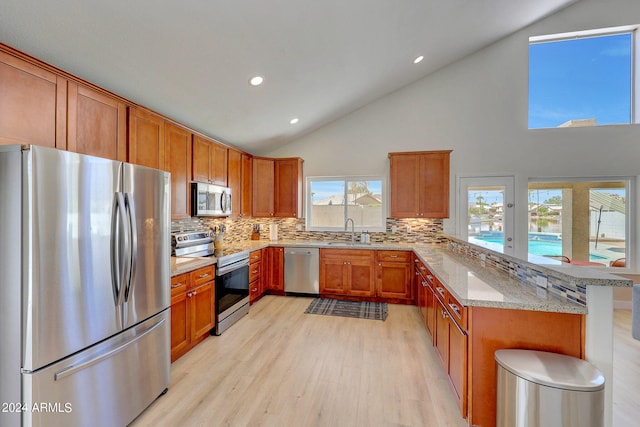 kitchen featuring high vaulted ceiling, appliances with stainless steel finishes, a wealth of natural light, and light hardwood / wood-style flooring