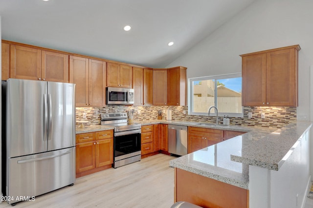 kitchen featuring tasteful backsplash, light hardwood / wood-style flooring, light stone counters, sink, and appliances with stainless steel finishes