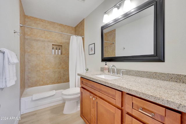 full bathroom with vanity, toilet, wood-type flooring, and shower / bathtub combination with curtain