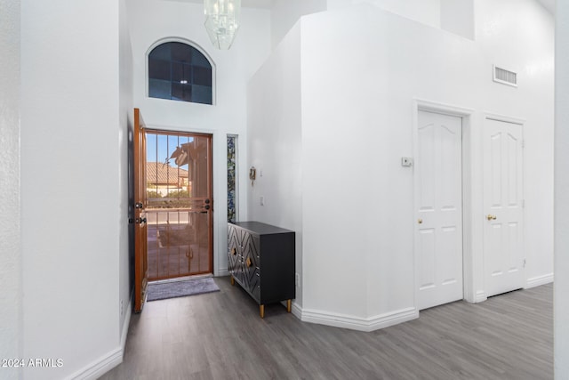 entrance foyer with hardwood / wood-style flooring and a towering ceiling