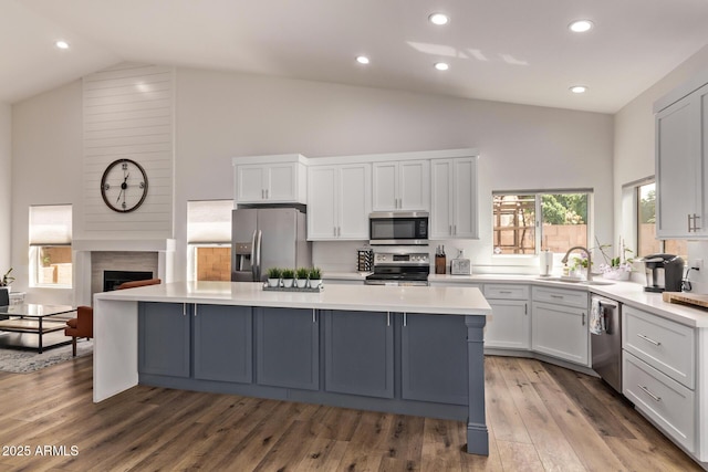 1777 W Redfield Rd, Gilbert, AZ 85233 - kitchen featuring stainless steel appliances, light countertops, a sink, a center island, and a fireplace
