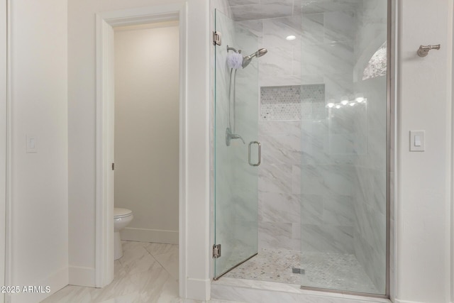 1777 W Redfield Rd, Gilbert, AZ 85233 - bathroom with toilet, baseboards, marble finish floor, and a stall shower