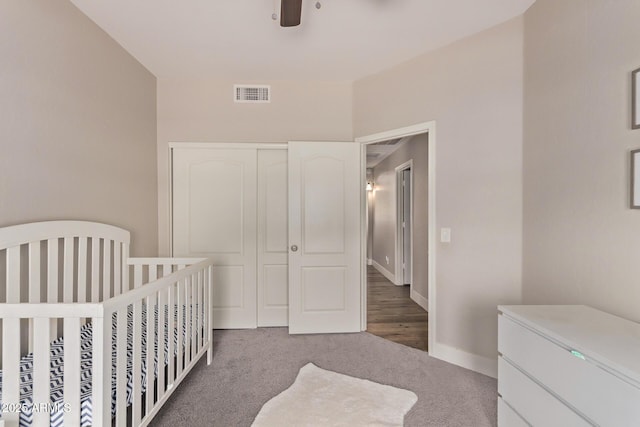 1777 W Redfield Rd, Gilbert, AZ 85233 - bedroom with visible vents, carpet floors, a closet, baseboards, and ceiling fan