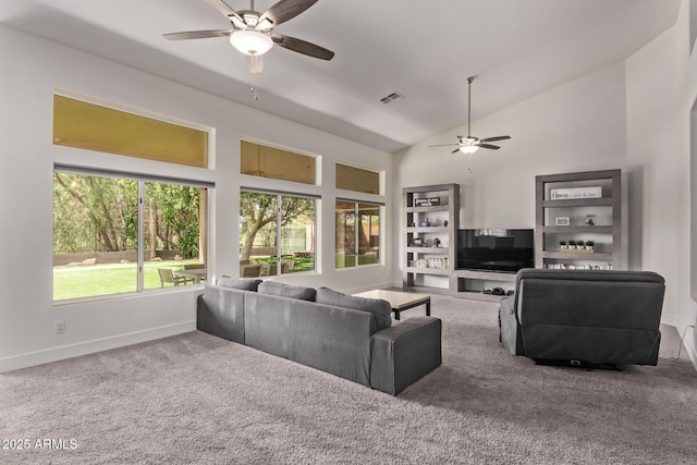 1777 W Redfield Rd, Gilbert, AZ 85233 - living area with carpet, visible vents, baseboards, high vaulted ceiling, and ceiling fan