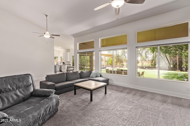 1777 W Redfield Rd, Gilbert, AZ 85233 - living room featuring vaulted ceiling, baseboards, carpet, and ceiling fan
