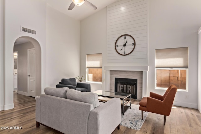 1777 W Redfield Rd, Gilbert, AZ 85233 - living area featuring high vaulted ceiling, ceiling fan, wood finished floors, and visible vents