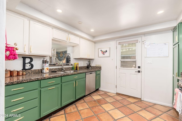 kitchen with dishwasher, white cabinetry, green cabinetry, and sink