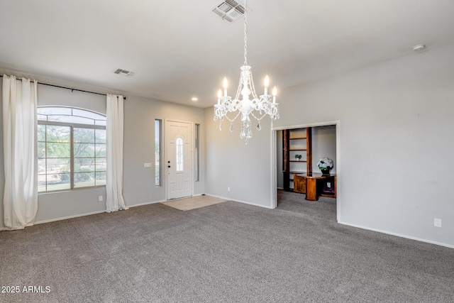 6742 W El Cortez Pl, Peoria, AZ 85383 - unfurnished living room with a chandelier, carpet flooring, and baseboards