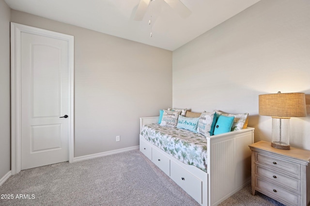 bedroom featuring carpet flooring, ceiling fan, and baseboards