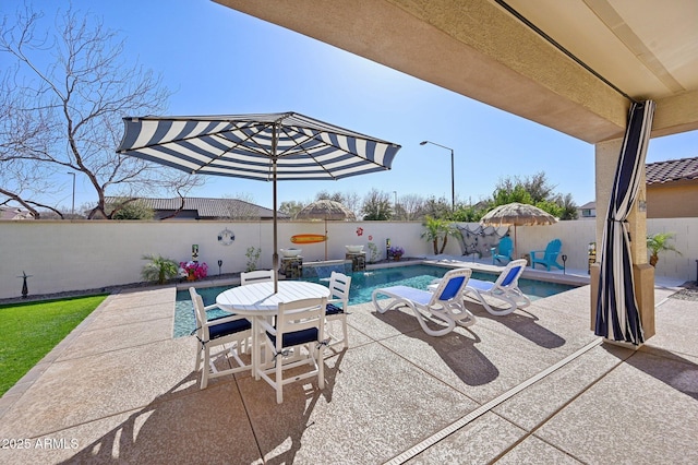 view of pool with a fenced backyard, a fenced in pool, and a patio