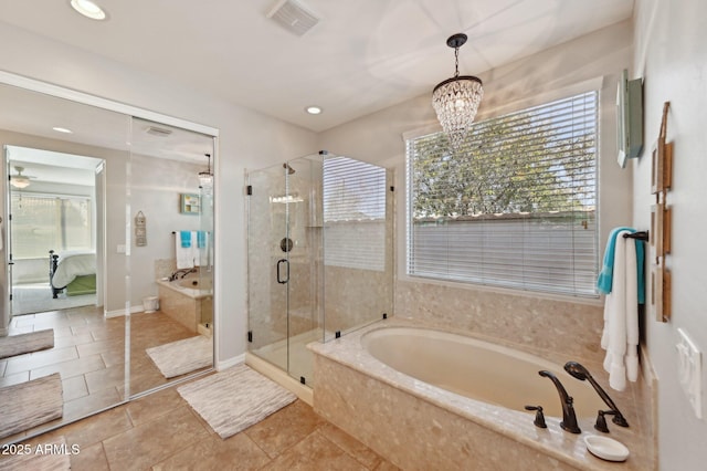 bathroom with visible vents, a stall shower, ensuite bath, recessed lighting, and a bath