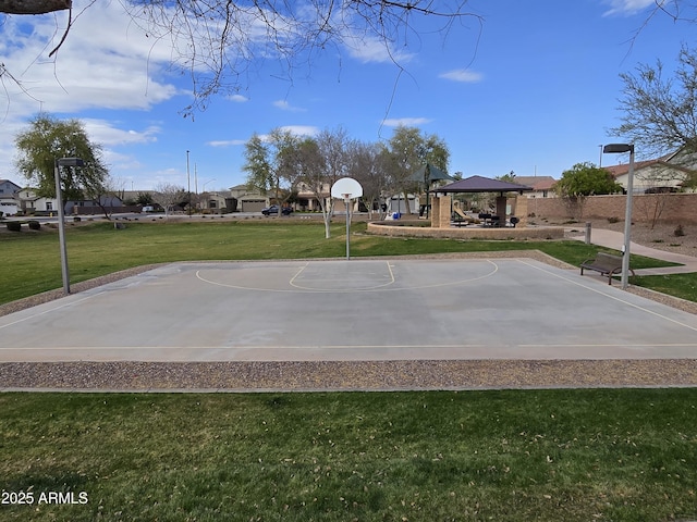 view of sport court with a gazebo, a yard, and community basketball court