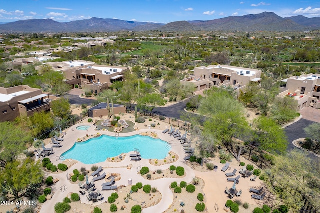 drone / aerial view featuring a mountain view