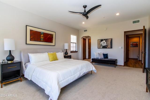 bedroom featuring ceiling fan and carpet floors