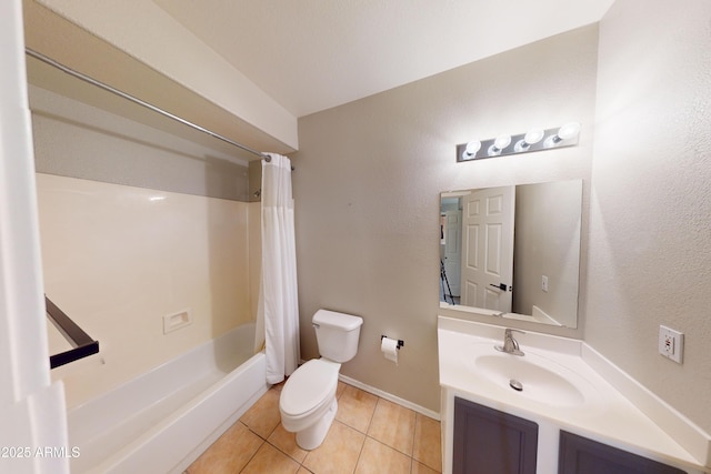 full bathroom with shower / tub combo with curtain, vanity, tile patterned floors, and toilet