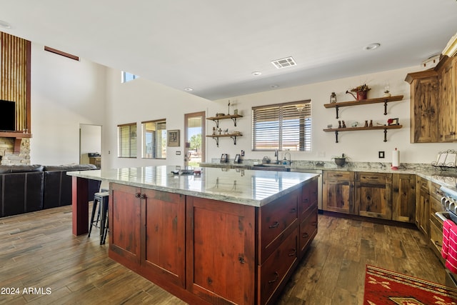 kitchen with dark wood-type flooring, light stone counters, a kitchen island, and sink