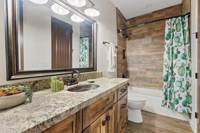 full bathroom featuring vanity, toilet, wood-type flooring, and shower / bathtub combination with curtain