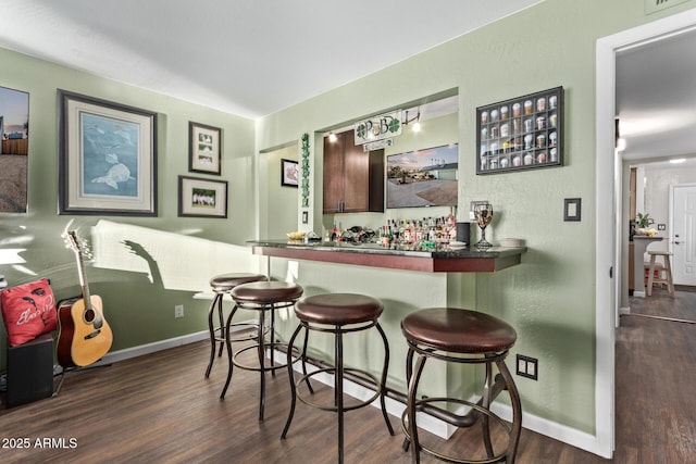 bar with dark hardwood / wood-style floors