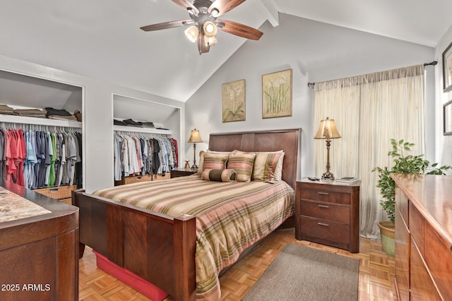 bedroom featuring lofted ceiling, parquet floors, and ceiling fan