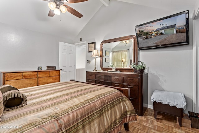 bedroom featuring ceiling fan, beam ceiling, high vaulted ceiling, and light parquet flooring