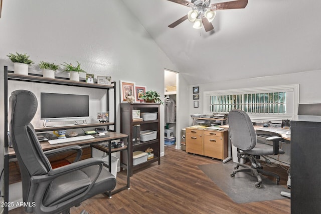 office area with high vaulted ceiling, ceiling fan, and dark hardwood / wood-style floors