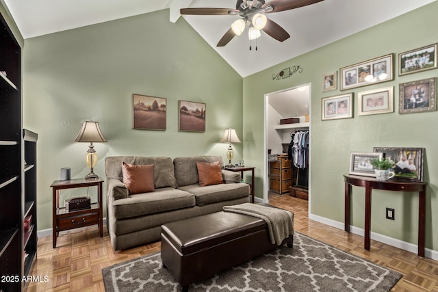 living room featuring lofted ceiling, ceiling fan, and parquet floors