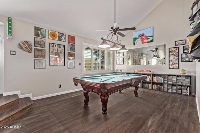 rec room with pool table, ceiling fan, lofted ceiling, and hardwood / wood-style flooring