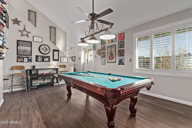 game room featuring ceiling fan, dark hardwood / wood-style flooring, billiards, and lofted ceiling