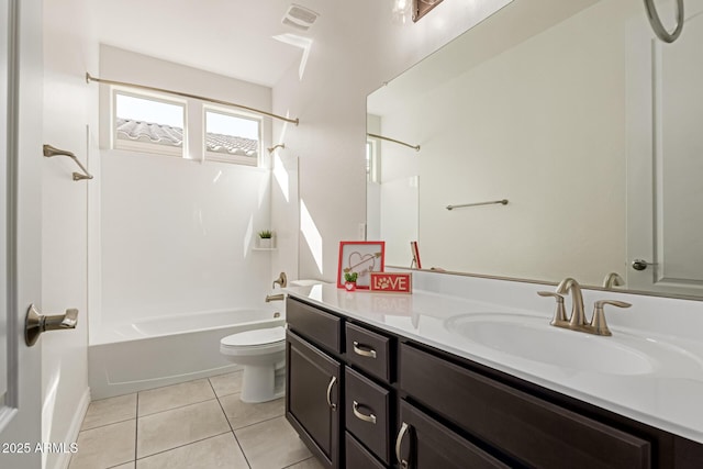 full bathroom with toilet, vanity, tile patterned flooring, and washtub / shower combination