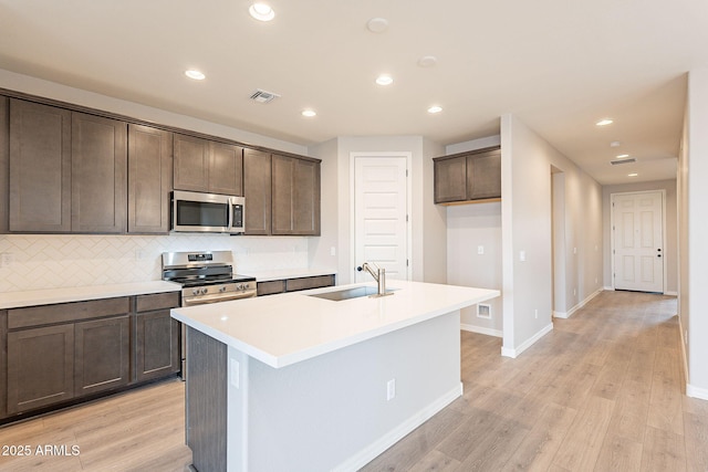 kitchen featuring a sink, visible vents, light wood-style flooring, and stainless steel appliances