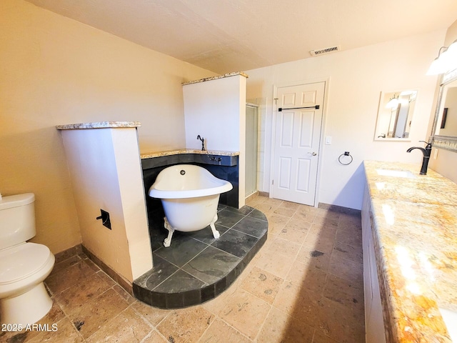 full bathroom featuring vanity, toilet, and plus walk in shower