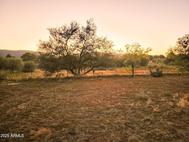 yard at dusk featuring a rural view