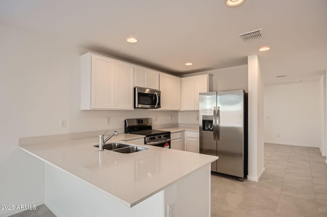 12086 E Sunflower Ln, Florence, AZ 85132 - kitchen with light countertops, a sink, visible vents, a peninsula, and appliances with stainless steel finishes