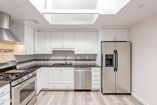 kitchen featuring white cabinets, decorative backsplash, wall chimney exhaust hood, stainless steel appliances, and a sink