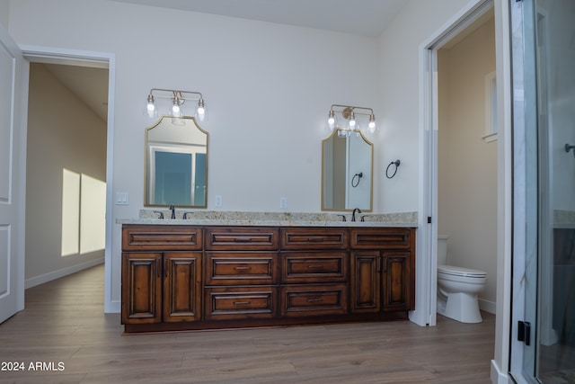 bathroom with vanity, hardwood / wood-style floors, and toilet