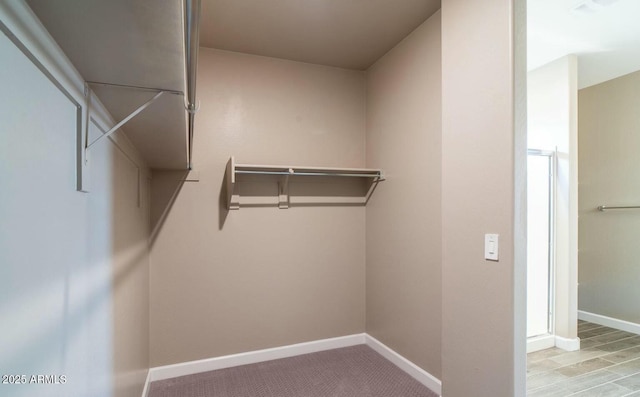 walk in closet featuring light carpet