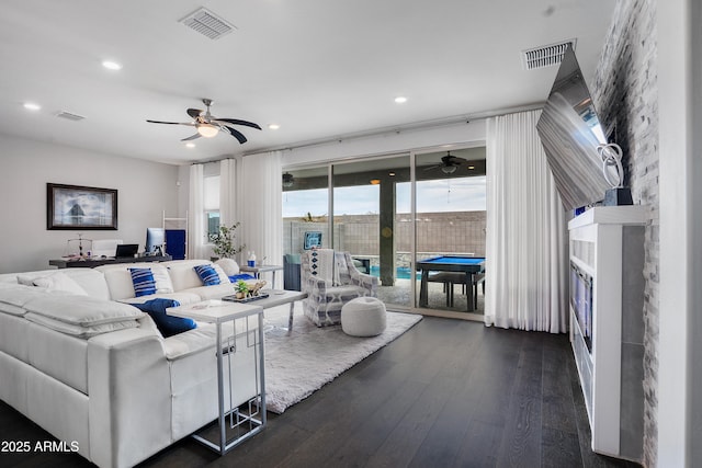 3828 E Liberty Ln, Gilbert, AZ 85296 - living room with a ceiling fan, dark wood-type flooring, and recessed lighting