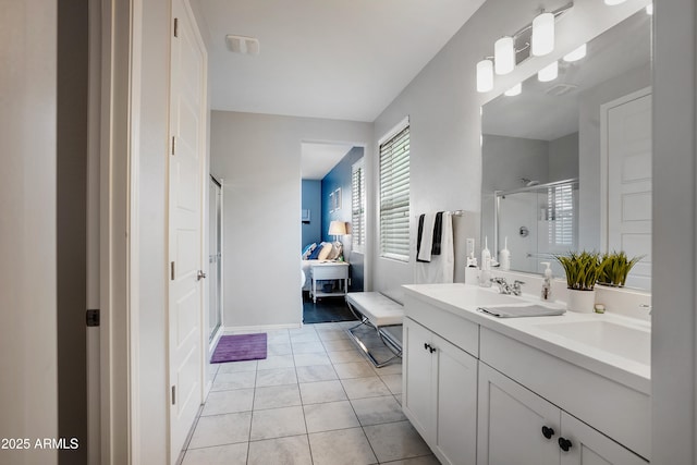3828 E Liberty Ln, Gilbert, AZ 85296 - bathroom featuring a stall shower, double vanity, and tile patterned floors