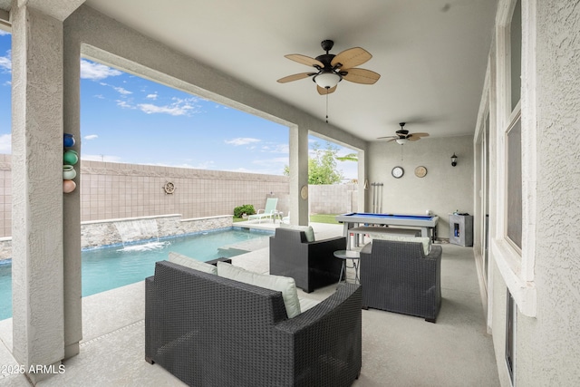 3828 E Liberty Ln, Gilbert, AZ 85296 - fenced backyard with ceiling fan and a patio