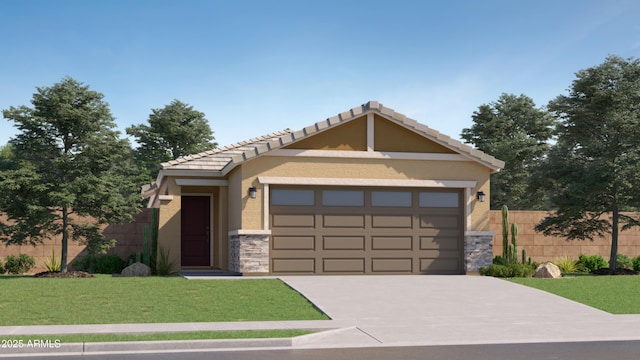 view of front of house featuring driveway, stone siding, fence, a front lawn, and stucco siding