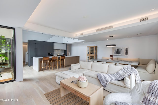 living area with light wood-style flooring and visible vents