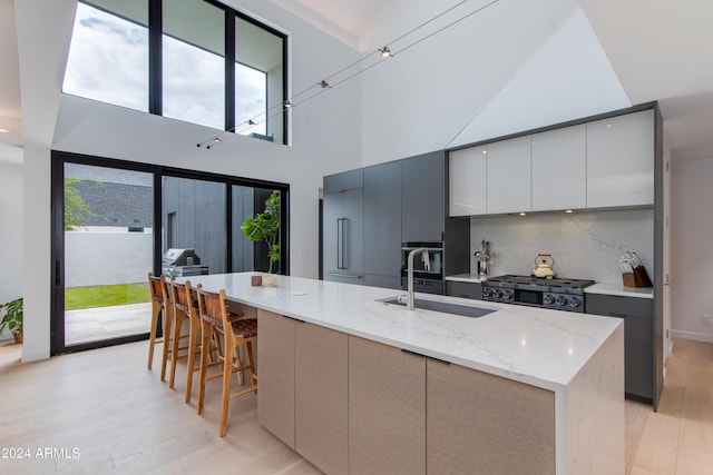 kitchen featuring a wealth of natural light, modern cabinets, a sink, backsplash, and range