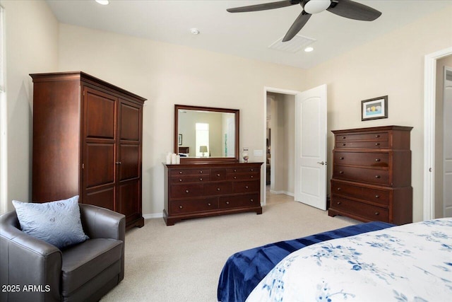 bedroom featuring light carpet and ceiling fan