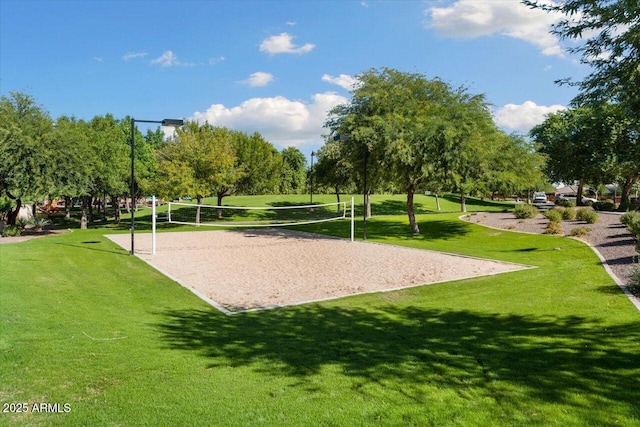 view of community featuring volleyball court and a yard